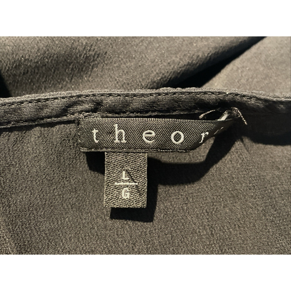 Theory Sz L Liev Wrap Dress Long Puff Sleeve V-Neck Black Cicero Silk Minimalist - Picture 7 of 9
